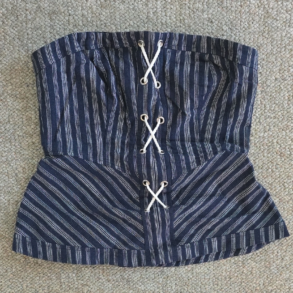 INTERMIX Navy and White Lace-Up Corset Top